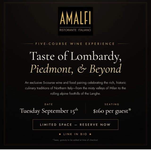 Five courses. Five wines. One evening in the alpine north of Italy. Without leaving Knoxville 
The Regions of Italy Wine Dinner Series continues Tuesday, September 15 with Lombardy & Piedmont — from the misty valleys of Milan to the rolling foothills of the Langhe.

$160 per person, plus tax and gratuity. Limited seating.
To reserve, email us directly at info@amalfiknox.com or book through OpenTable — link in bio.

I. Antipasto: Turin Acciughe al Verde — salt-cured anchovy fillets in a traditional green sauce of parsley, garlic, capers, and wine vinegar, with toasted crusty bread and alpine butter. Paired with Gavi di Gavi DOCG.
II.  Primo: Val Camonica Gnocchetti al Burro e Salvia — lightly fried house potato gnocchetti in a rich brown alpine butter sauce, finished with crispy sage. Paired with Franciacorta Satèn DOCG.
III. Piatto Forte: Milan Osso Buco con Risotto alla Milanese — slow-braised veal shank with lemon-parsley gremolata over a creamy saffron and bone marrow risotto. Paired with Barolo DOCG.
IV. Formaggio: Regional Selection Assaggio di Gorgonzola e Castelmagno — creamy Gorgonzola Dolce with chestnut honey, crumbly Castelmagno, and Nebbiolo-poached pears. Paired with Sfursat di Valtellina DOCG.
V. Dolce: Le Langhe Bunet Piemontese — baked cocoa custard layered with crushed amaretti and dark rum, finished with a caramel glaze. Paired with Moscato d'Asti DOCG.